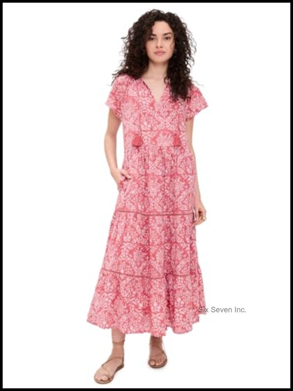 Marea Breakers Maxi Dress Lightweight Cotton Floral V-Neck Lace Trim Tiered